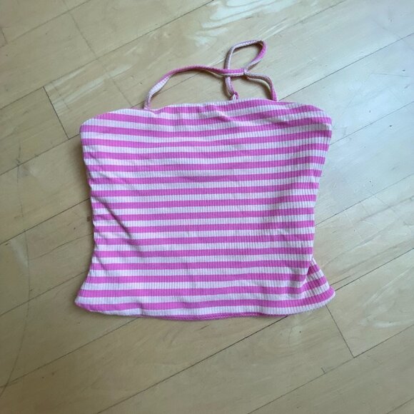 AFRM Pink Striped Ribbed "Saddle" One Shoulder Crop Top Sz Medium Womens Bnwot - Picture 2 of 8